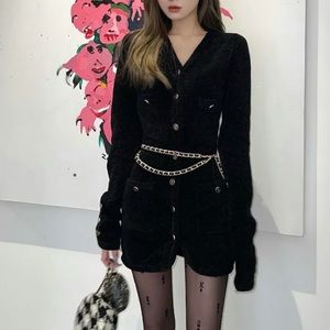 black mini dress with waist chain